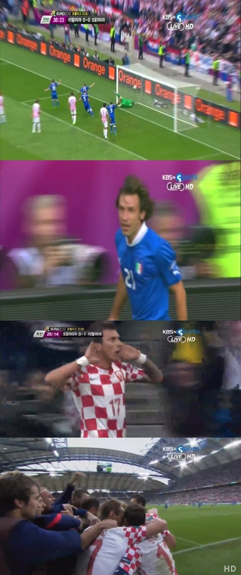 프리킥으로 골을 기록한 이탈리아의 피를로(위쪽)와 극적인 동점골을 기록한 크로아티아의 만주키치(아래쪽), (사진=중계화면 캡쳐)
