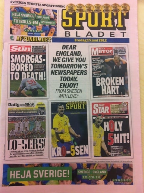 ▲스웨덴의 승리 소식을 가상 보도한 '스포르트 블라데트'의 1면 (사진='트위터' @Umbro)