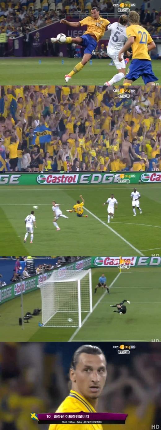 즐라탄 이브라히모비치(30,AC밀란)가 후반 9분, 넘어지면서 환상적인 발리 슈팅을 성공시키고 있다. (사진=중계화면 캡쳐)