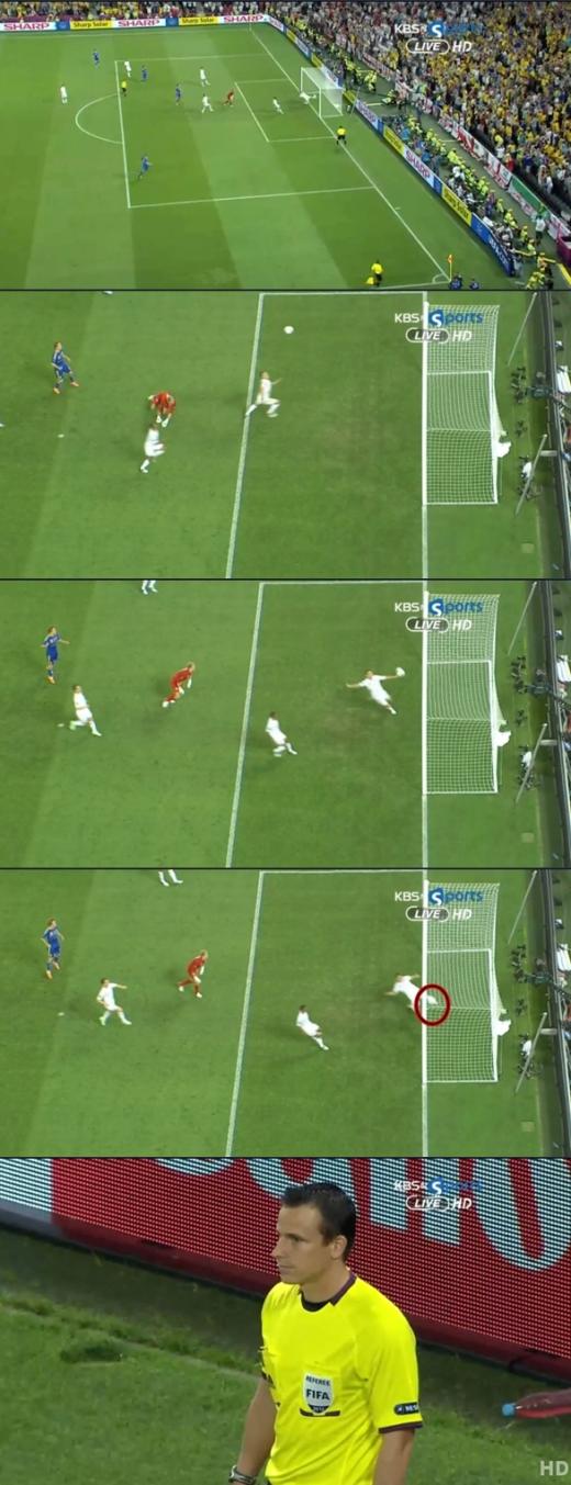 네 번째 사진 빨강 원 안에 있는 공은 이미 골라인을 넘어갔다. (사진=중계화면 캡쳐)