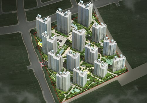 ↑하남미사 보금자리주택 A28블록 조감도. ⓒ한국토지주택공사(LH) 제공.