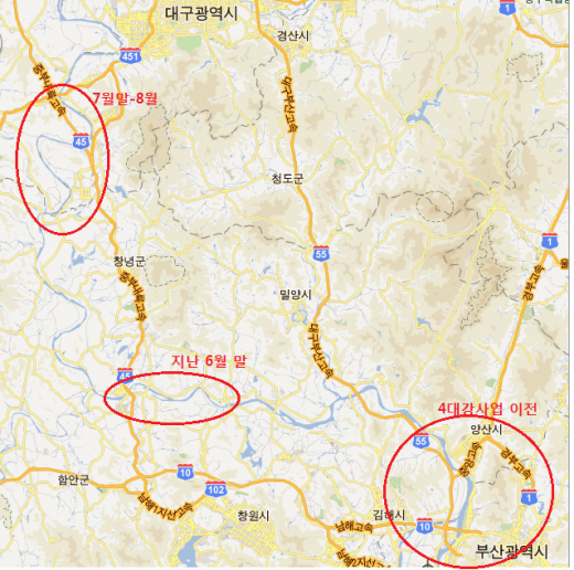 4대강사업 전후 낙동강에서 발생한 녹조의 위치 변화. 녹조가 중상류로 북상하고 있음을 보여준다. ⓒ녹색연합