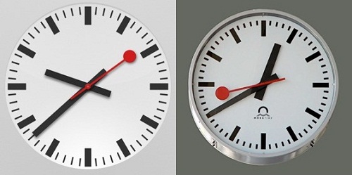 ↑애플 iOS6의 시계앱(왼쪽)과 스위스 몬다이네 시계 디자인(오른쪽).
