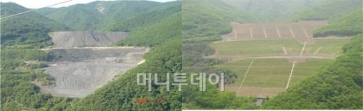 ↑ 강원도 정선군 고한읍 삼탄 산림복구 현장. 왼쪽이 복구 전인 2004년 모습. 오른쪽이 복구 공사가 끝난 모습.ⓒ한국광해관리공단