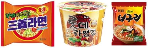 삼양라면, 롯데라면컵, 너구리(왼쪽부터) ⓒ삼양식품, 롯데마트, 농심 홈페이지