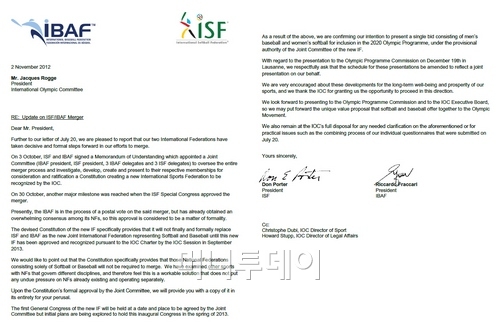 ↑국제야구연맹 리카르도 프라카리 회장이 지난 2일 IOC 자크 로게 위원장에게 보낸 공문이다. 국제소프트볼이 국제야구연맹과의 통합을 결정했다는 내용이 담겨져 있다.