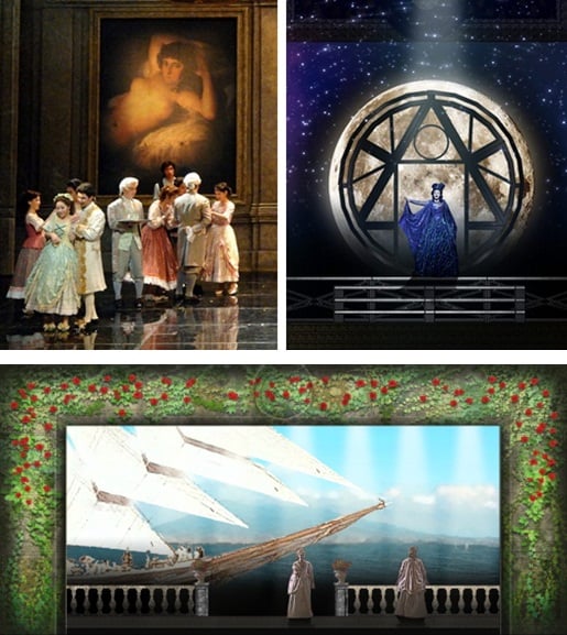 ↑오페라 '돈조반니'(왼쪽 위)와 '마술피리'(오른쪽 위)의 공연장면. 아래 사진은 이번 모차르트 오페라시즌 중 '코지 판 투테' 공연에 사용될 영상.