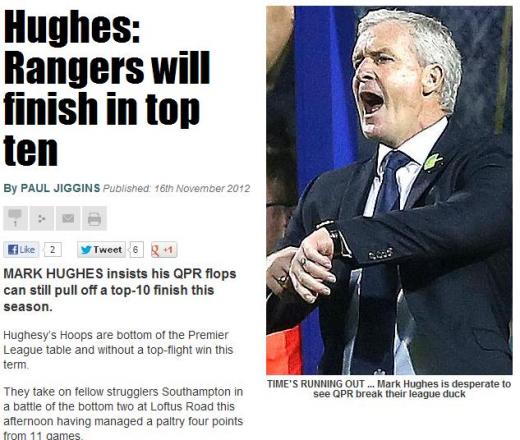 ▲휴즈 감독이 QPR이 결국 상위 10위 안에 들 것이라고 주장했다 (ⓒThe Sun 기사 캡쳐)