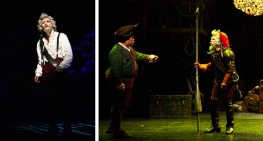 ↑뮤지컬 '맨 오브 라만차'에서 돈키호테 역을 연기하고 있는 홍광호. 오른쪽 사진은 산초 역의 이훈진과 홍광호(오른쪽). 공연은 서울 잠실 샤롯데씨어터에서 올해 말까지 볼 수 있다. (사진제공=오디뮤지컬컴퍼니)