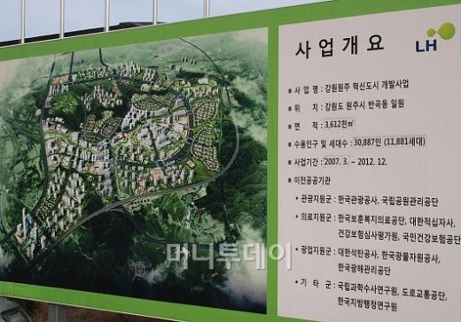 ↑ LH 강원혁신도시 사업단 입구에 설치돼 있는 혁신도시 사업개요. ⓒ송학주 기자