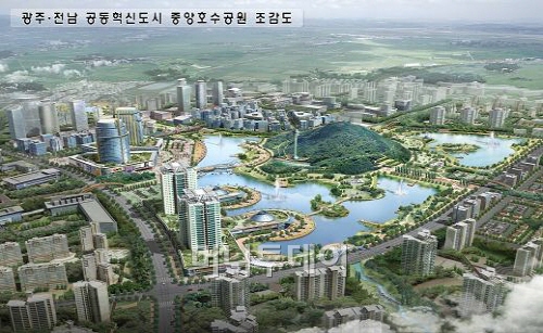 ↑광주·전남 공동혁신도시 조감도. 중앙에 있는 배메산과 호수공원이 눈에 띤다. ⓒLH 제공