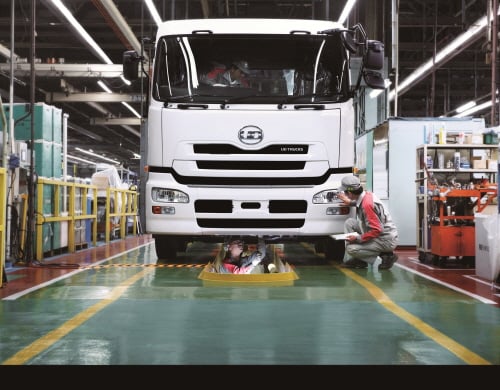 품질검사라인에서 3명의 장인들이 갓 만들어진 '큐온 카고'의 조립상태를 체크하고 있다.