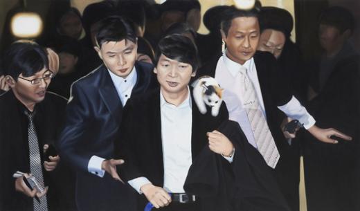 ↑낸시랭 '내정간섭'전에 전시된 안철수 전 후보 그림. 고양이 '코코샤넬'이 어깨에 얹혀있다.