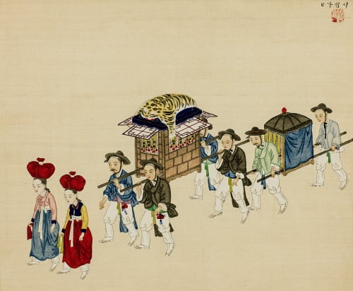 ↑전 단원 김홍도 (傳 檀園 金弘道), 운우도첩(雲雨圖帖) 중 일부, 19세기 전반경, 종이에 수묵담채, 28 x 38.5 cmx 27.5cm경, 종이에 수묵담채, 28 x 38.5 cm (사진제공=갤러리현대)