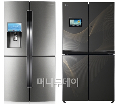 ↑삼성전자의 지펠 T9000(좌)과 LG전자의 디오스 V9100(우)