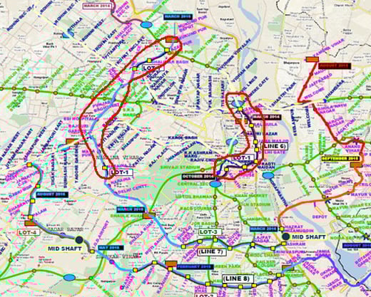 ↑인도 델리지하철공사(DMRMC, Delhi Metro Rail Corporation)가 발주한 델리 지하철 3기 노선 중 삼성물산이 기계·전기(M&E) 공사를 담당하게 될 지하역사 위치도 ⓒ삼성물산 제공
