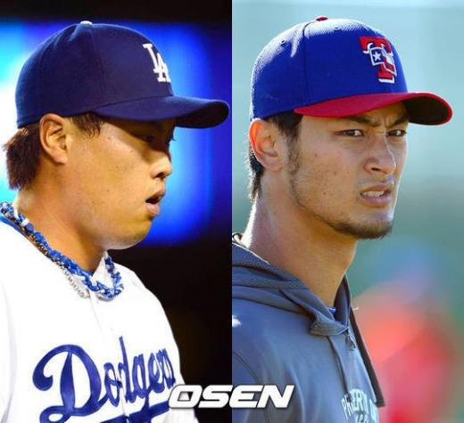↑류현진(왼쪽)과 다르빗슈는 공교롭게도 나란히 개막 2선발로 시즌을 시작했다. 이날 다르빗슈는 휴스턴 애스트로스를 상대로 9회 2사까지 퍼펙트를 펼치며 8⅔이닝 1피안타 무사사구 14탈삼진 무실점 역투로 승리투수가 됐다. ⓒ 사진제공=OSEN