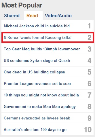BBC의 많이 본 뉴스 순위. 북한의 회담 제의 관련 기사가 2위에 올라 있다. /사진=BBC 웹사이트 캡처