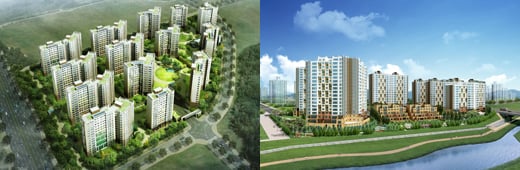 현대건설 '위례힐스테이트'(왼쪽)과 삼성물산 '래미안 위례신도시' 조감도 / 사진제공=현대건설,삼성물산