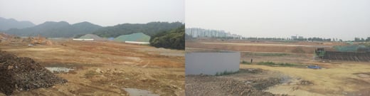 공사가 한창 진행중인 현대건설 '위례힐스테이트'(왼쪽)과 삼성물산 '래미안 위례신도시' 현장 전경 / 민동훈 기자