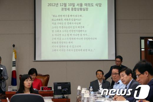 박범계 민주당 의원이 26일 서울 여의도 국회에서 열린 법제사법위원회 전체회의에서 "지난해 대선 당시 새누리당 선거대책위 종합상황실장을 맡았던 권영세 주중 대사가 작년 대선을 앞두고, 집권하면 고(故) 노무현 전 대통령의 서해 북방한계선(NLL) 대화록을 공개할 계획임을 언급했다"고 밝히며 권 전 실장의 음성이 담긴 녹음 파일을 공개하고 있다./사진=뉴스1제공