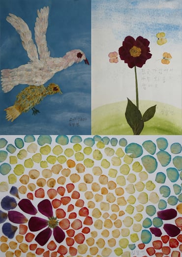 심달연 할머니 압화 작품. 왼쪽 상단부터 차례로 '전쟁', '친구가 있어서 나는 외롭지 않아요', '전쟁은 없어져야 한다'/사진제공=정신대 할머니와 함께하는 시민모임