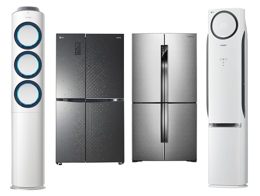 가전업계에서 고효율 초절전 제품으로 꼽는 △삼성전자 '스마트에어컨 Q9000'(왼쪽부터) △LG전자 901리터 '디오스' 냉장고 △삼성전자 900리터 냉장고 '지펠 T9000' △LG전자 에어컨 '손연재 스페셜G' /사진 제공=삼성전자·LG전자