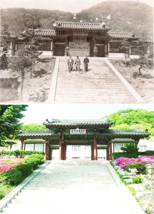 춘천 봉의산에 세워진 춘천신사(후에 강원신사로 확대)의 1948년 입구 모습(위)과 현재 자리에 세워진 세종호텔춘천의 입구(아래) 계단까지 그대로 남아 있다. / 사진제공=춘천역사문화연구회
