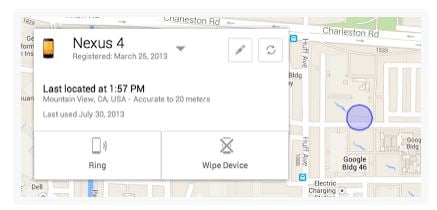 내년 상반기까지 휴대폰 신규 단말기에 도난방지 기능인 '킬스위치'가 탑재된다. 휴대폰을 초기화하더라도 기능이 사라지지 않는 것이 특징이다. 사진 자료는 구글이 제공하고 있는 분실폰 위치 추적 서비스다.  동그라미 표시가 휴대폰이 있는 장소로 휴대폰 위치의 반경 20미터 주소까지 나온다./사진자료=구글코리아 제공