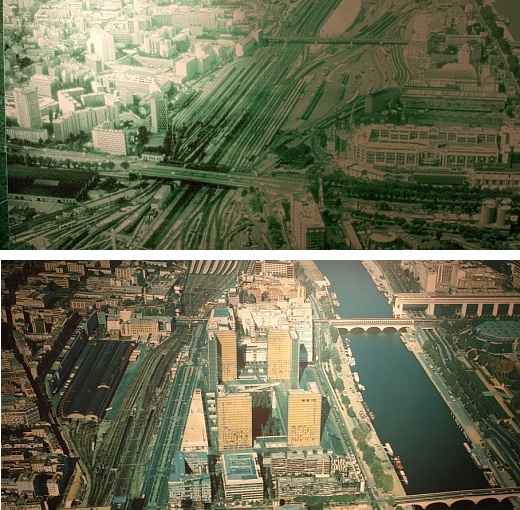 프랑스 파리 세느강 인근의 대표적인 재개발사업지구인 '세느 리브고쉬'의 변화 모습. 위 사진은 1989년, 아래 사진은 2002년 모습./사진=송학주 기자