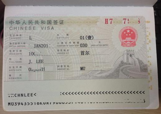 중국대사관에서 발급하는 관광 단수 30일 비자 샘플