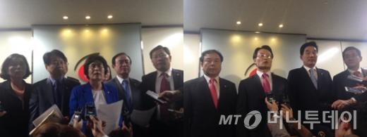 15일 방송통신위원회에 대한 국회 미래창조과학방송통신위원회 국정감사가 파행된 뒤 민주당(왼쪽) 의원들과 새누리당 의원들이 각각 입장을 밝혔다. / 사진=이학렬 기자