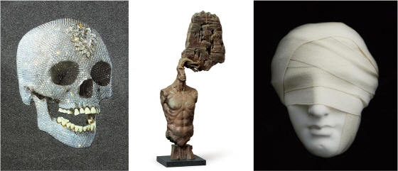 (왼쪽부터) 데미안 허스트 '신의 사랑을 위하여' 실크스크린에 다이아몬드 더스트, 100x75cm, ed_250, 추정가 1500만~2500만원/ 류인, 어둠의 공기, 브론즈, 96×23×148(h)cm, 추정가 1000~2000만원/ 데비 한, 적자생존, 디지털 프린트에 디아섹, 61×50.5cm, ed_7, 추정가 250만~700만원 /사진제공=K옥션