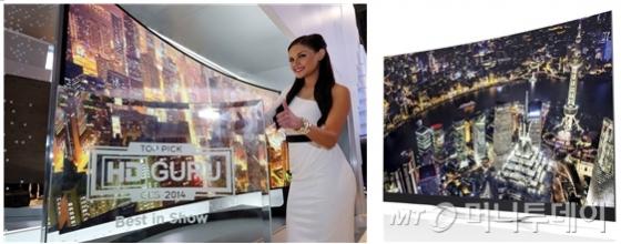 CES 2014에서 혁신상을 대거 수상한 삼성전자 105형 커브드 UHD TV(왼쪽)과 LG전자 77형 곡면 울트라HD 올레드 TV(오른쪽)./사진제공=각사