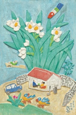 이왈종, 제주생활의 중도, 나무에 혼합재료, 50×34.5cm, 2005, 추정가 800만~1600만원, 시작가 300만원 /사진제공=K옥션