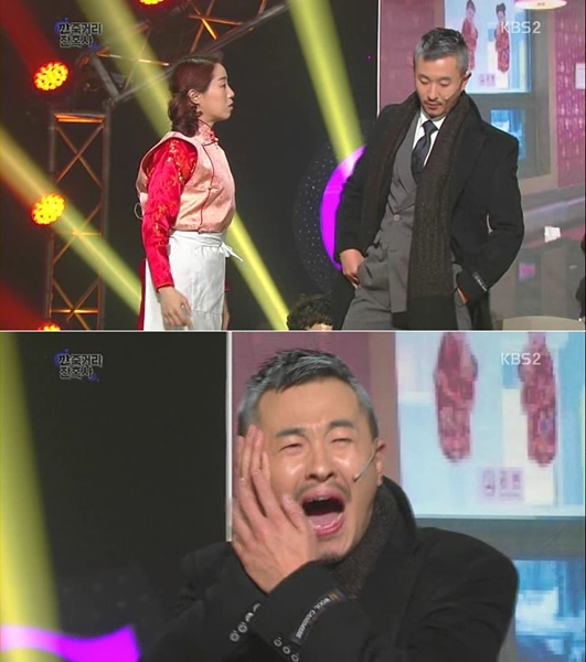 지난 5일 방송된 KBS 2TV '개그콘서트' 코너 '깐죽거리 잔혹사'에서 허민에게 뺨을 맞는 안일권 /사진='개그콘서트' 방송화면 캡처