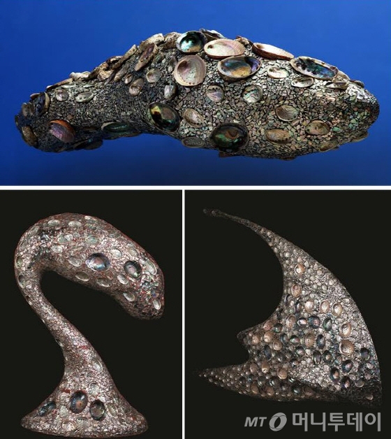지용호, F.O 11-1, 2013, Abalone, FRP, 185x60x50cm(위), 지용호, S.O 2-4, 2012, Abalone, FRP, 45x70x120cm(아래 왼쪽), 지용호, F.O 5-1, 2012, Abalone, FRP, 240x50x240cm.(아래 오른쪽)  /사진제공=가나아트