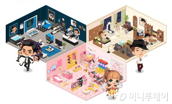 왼쪽부터 슈퍼쥬니어 최시원, 2NE1 박봄, 소지섭 라인 플레이 공식 아바타와 룸