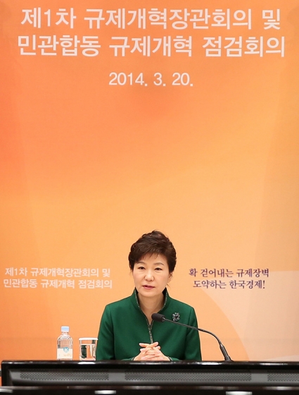 (서울=뉴스1) 박철중 기자 = 박근혜 대통령이 20일 오후 청와대 영빈관에서 열린 '제1차 규제개혁 장관회의 및 민관합동 규제개혁 점검회의'에서 모두발언을 하고 있다. (청와대 제공)