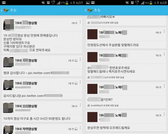 소셜네트워크서비스(SNS)를 통해 자신이 직접 찍은 음란 '동영상'을 판매하거나 문화상품권을 매개로 만남을 요구하는 이용자들. 자신을 여고생으로 소개하고 있다./ 사진= 트위터 캡처