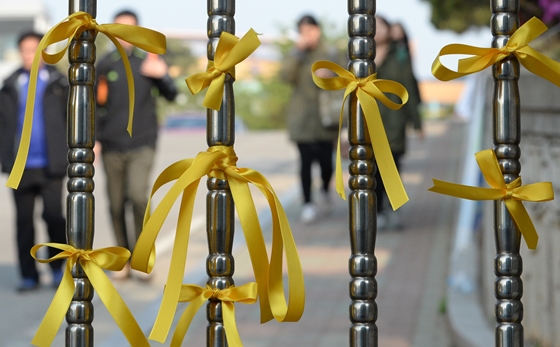 단원고 교문에 노란 리본이 매달려 있는 모습. 노란 리본은 보고 싶은 이의 무사귀환을 바란다는 소망을 상징한다. /뉴스1=손형주 기자.