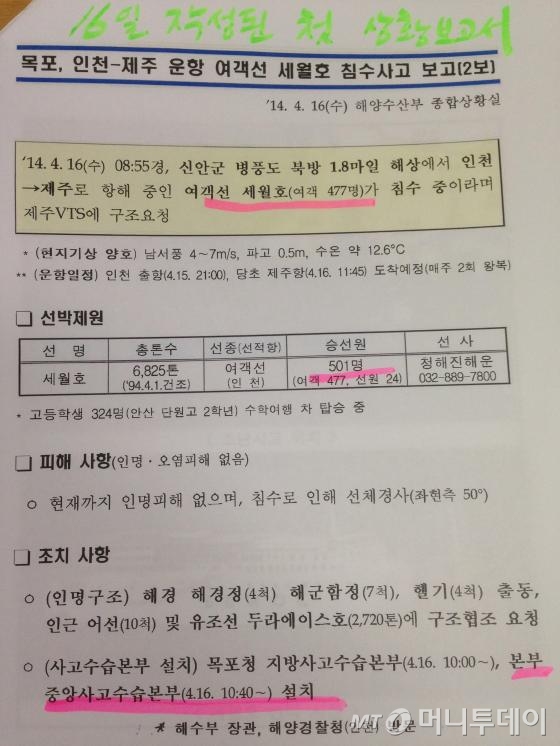 세월호 사고 당일인 지난 달 16일 작성된 해양수산부 상황보고서(2보)에는 해수부 중앙사고수습본부가 오전 10시40분 설치됐다고 적혀있다. /사진제공=새정치민주연합 배기운 의원 사무실