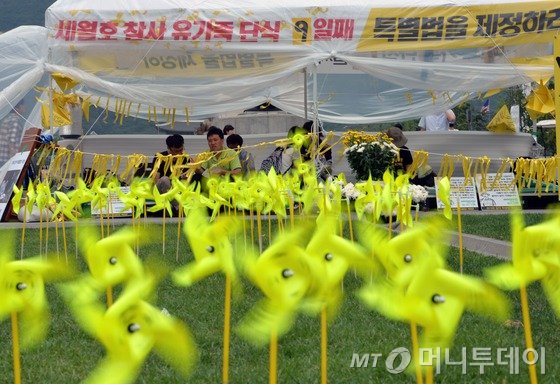 (서울=뉴스1)손형주 기자 = 22일 세월호 참사 유가족들이 특별법 제정을 촉구하며 9일째 단식 농성을 하고 있는 서울 광화문광장에 가족들이 쓴 추모의 문구 등이 적힌 노란 바람개비가 돌아가고 있다. 2014.7.22/사진=뉴스1