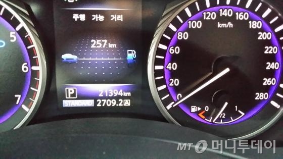 2박3일 경주여행을 마친 뒤 주행 가능 거리 표시. /사진=양영권 기자