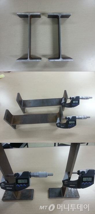 중국 A사 H형강(왼쪽)과 국산 현대제철 H형강(오른쪽)은 외형상 차이를 알아보기 힘들지만 플랜지(세로부)와 웨브(가로부) 두께가 차이 난다. 중국산은 KS규격에 적합하지 않다. /사진=최우영 기자