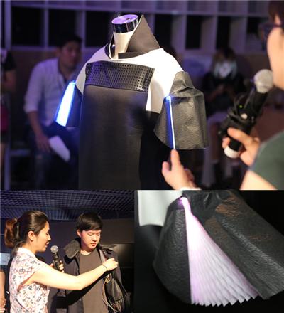 지난 6월 27일 아트센터 나비의 '웨어러블 해카톤' 창작워크숍에서 선보인 신개념 가방이다. 노드.클래스(신믿음, 이재옥, 최지원)와 호제(hoze) 디자이너가 IT가 결합된 기능성 가방에 대해 프레젠테이션 했다. /사진제공=아트센터 나비