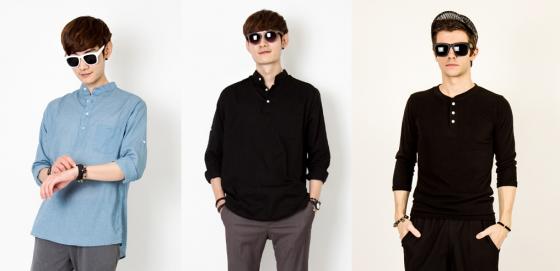 (왼쪽부터)파란색, 검은색 헨리넥 셔츠, 검은색 헨리넥 티셔츠/사진=맵시 제공