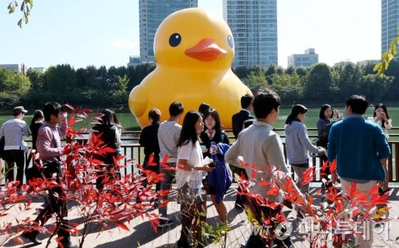 14일 서울 송파구 석촌호수에 대형 고무 오리 '러버덕(Rubber Duck)'이 떠 있다. 네덜란드 예술가 플로렌테인 호프만의 작품인 높이 16.5m의 이 대형 오리는 2007년부터 프랑스 생나제르, 일본 오사카, 호주 시드니, 브라질 상파울루 등 10여 개국을 거쳐 14일까지 다음 달 14일까지 석촌호수에 전시된다.