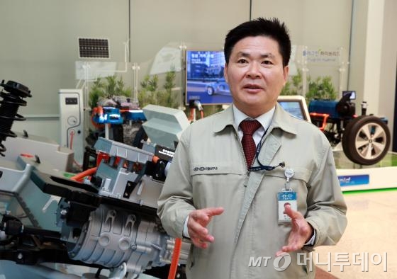 현대차그룹의 환경차 연구·개발을 총괄하는 심현성 환경차성능개발실장이 하이브리드 자동차에 들어가는 모터와 엔진클러치 등의 기술을 설명하고 있다. /사진=현대차그룹 제공