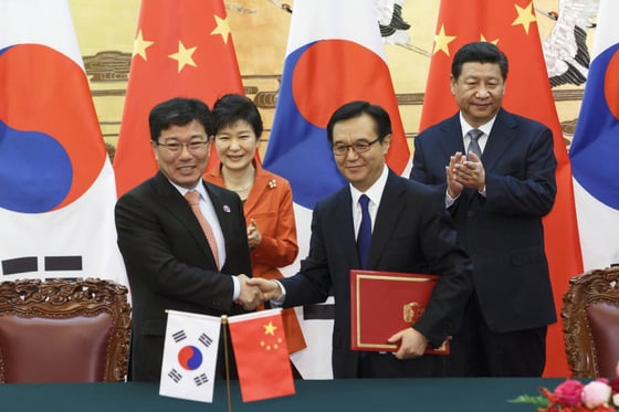 지난 10일 중국 베이징 인민대회당에서 박근혜 대통령과 시진핑 주석이 지켜보는 가운데 윤상직 산업통상자원부 장관과 가오후청 상무부장이 한중 FTA 서명서를 교환하며 악수하고 있다./사진=뉴스1